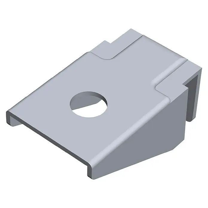 Dolle Aleta doble de acero - 1 lado, Apto para: Soporte con cuadrícula 32, 6 ud. - Una vista de perspectiva cercana de un soporte metálico gris, con un orificio central y un borde con labio en la parte inferior.