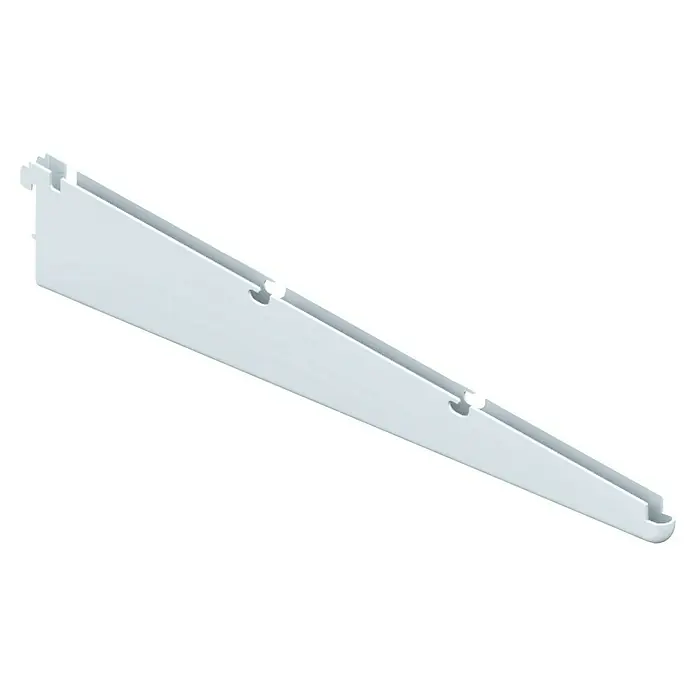 Element System Twin Drahtbodenträger - Länge: 32 cm, Weiß, Belastbarkeit: 30 kg - Abbildung einer weißen Regalschiene mit Einkerbungen zur Befestigung von Regalböden. Ideal für Wandregale.