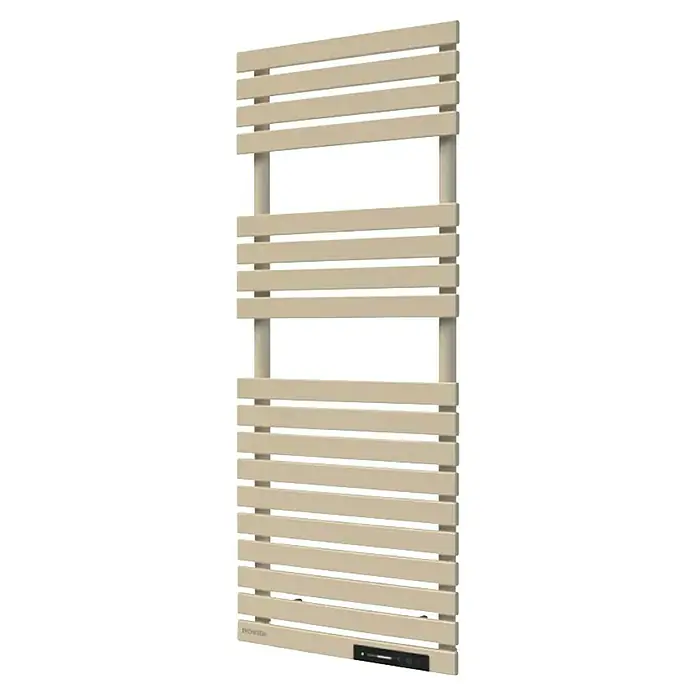 Rointe Radiador toallero eléctrico Neo - An x Al: 50 x 110 cm, 300 W - 500 W, Blanco ostra - Un toallero calefactado de color crema con barras horizontales y controles digitales situados en la parte inferior.