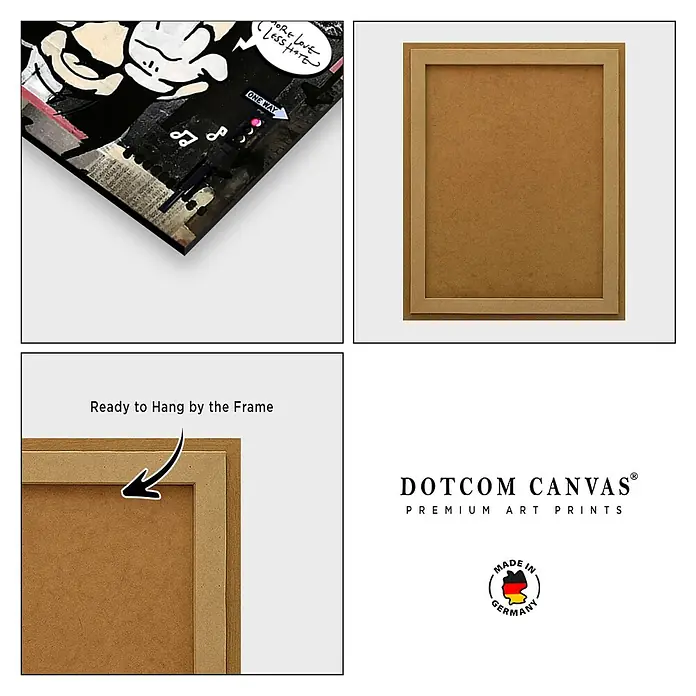 Dotcomcanvas Decopanel - Less Hate, B x H: 84 x 112 cm - Nahaufnahme eines gerahmten Wandkunstwerks mit dem Aufdruck "DOTCOM CANVAS", fertig zum Aufhängen und aus Deutschland.