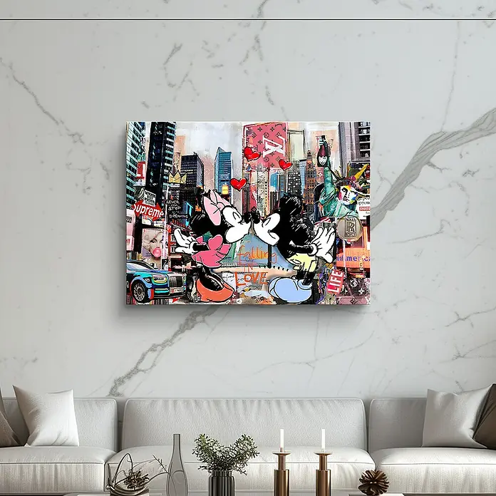 Dotcomcanvas Decopanel - Kiss in New York, B x H: 112 x 84 cm - Das farbenfrohe Kunstwerk mit Mickey und Minnie Mouse vor der Skyline von New York ist eine tolle Wanddekoration.