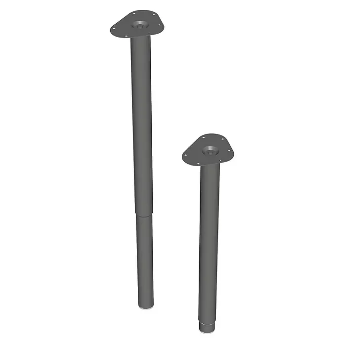 Element System Pata telescópica para muebles Expand - Diámetro: 5 cm, Ajuste de altura: 60 cm - 90 cm, Capacidad de carga: 75 kg, Acero, Negro - Toma de dos columnas metálicas plateadas o grises con bases circulares sobre un fondo negro. Probablemente sean patas de muebles.