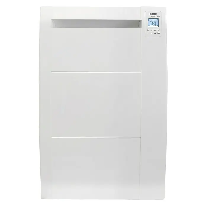 HJM Emisor térmico RFC WiFi - 500 W, Blanco, 10,5 x 38 x 58,5 cm, Cerámico - Un radiador blanco con pantalla digital y panel de control. Ideal para una calefacción doméstica moderna y eficiente.