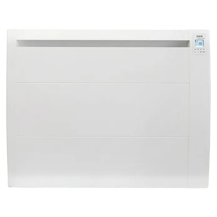 HJM Emisor térmico RFC WiFi - 2.000 W, Blanco, 10,5 x 77 x 58,5 cm, Cerámico - Imagen de un radiador blanco con pantalla digital, que proporciona calor y confort para su hogar.