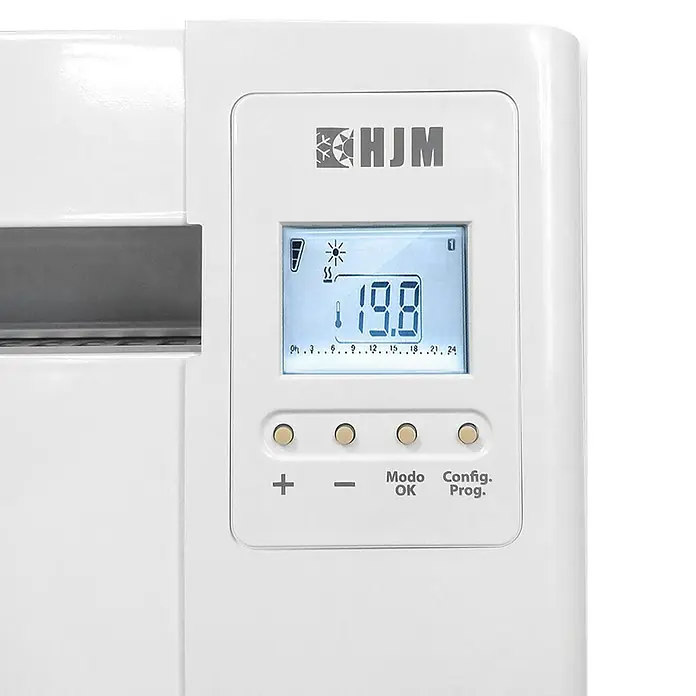 HJM Emisor térmico RFC WiFi - 1.500 W, Blanco, 8,2 x 63,5 x 58,2 cm, Cerámico - Primer plano de un panel de control del radiador HJM, que muestra la temperatura y la configuración.