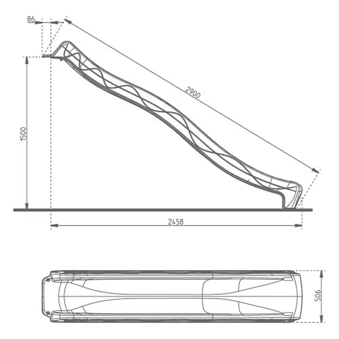 Rutsche - B x L: 49,5 x 300 cm, Kunststoff, Mintgrün - Technische Zeichnung der Kinderrutsche mit Maßen. Länge 2900 mm, Höhe 1500 mm, Breite 905 mm.