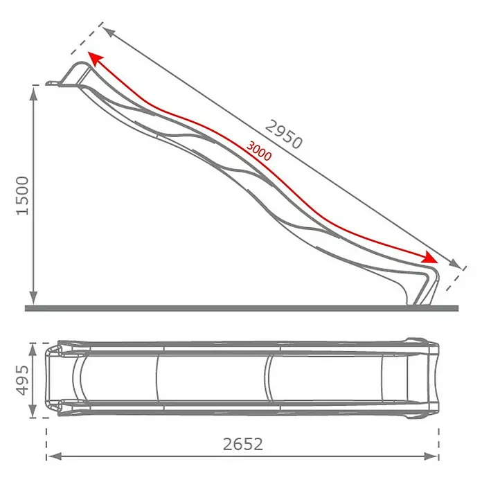 Rutsche - Kunststoff, Hellgrün, Länge: 300 cm - Technische Zeichnung der Rutsche mit Maßangaben für Höhe, Länge und Breite.