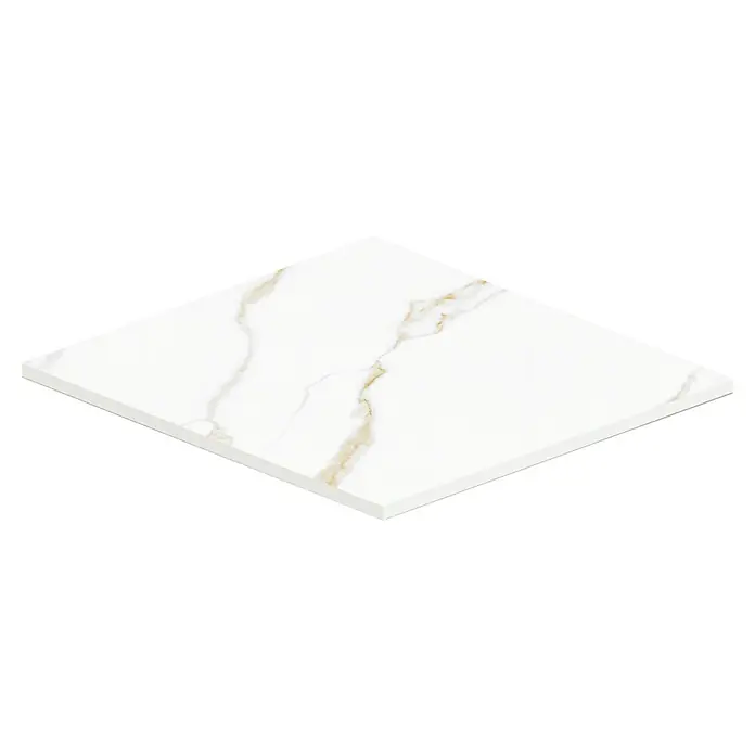 Atlas Concorde Solution Marble Vison Feinsteinzeugfliese Calacatta Caldo - 60 x 60 cm, Weiß, Glänzend - Nahaufnahme einer weißen Marmorfliese mit goldenen Akzenten, ideal für stilvolle Innenräume und modernes Design.