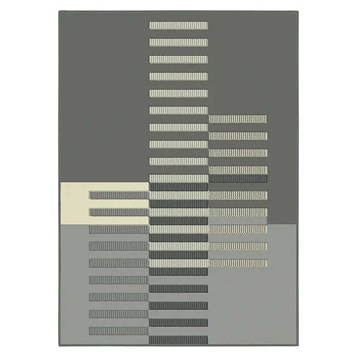 Alfombra de pelo corto Cuadrícula - Gris, 225 x 160 cm, 100% Poliéster - Obra de arte abstracta con líneas horizontales dispuestas en varios tonos de gris y beige, formando un diseño geométrico moderno.