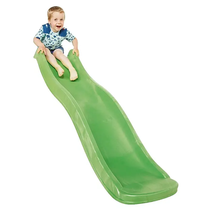 Rutsche - B x L: 38,9 x 175 cm, Kunststoff, Hellgrün - Kind auf einer grünen Kinderrutsche. Das Spielgerät ist ideal für den Garten und sorgt für Spielspaß im Freien.