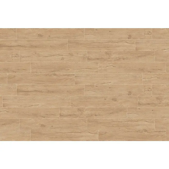 Atlas Concorde Solution Fable Feinsteinzeugfliese Honey - 20 x 120 cm, Hellbraun, Matt - Bild einer horizontalen, beigen Holzfliesenverlegung, die ein warmes, natürliches Ambiente mit feinen Maserungen schafft.\n