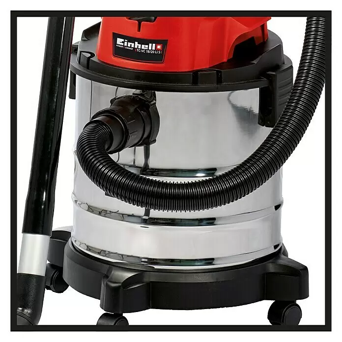 Einhell PXC 18V Akku-Nass-Trockensauger TC-VC 18/20 Li S-Solo - 18 V, Ohne Akku, Behältervolumen: 20 l - Roter und verchromter Einhell Nass-Trockensauger mit schwarzem Schlauch und Rollenfuß.