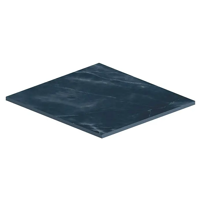 Atlas Concorde Solution Marble Vison Feinsteinzeugfliese Onice Blue - 60 x 60 cm, Blau, Glänzend - Ansicht eines eleganten, quadratischen Tisches mit Marmorplatte, der Textur und Stil für eine moderne Einrichtung bietet.