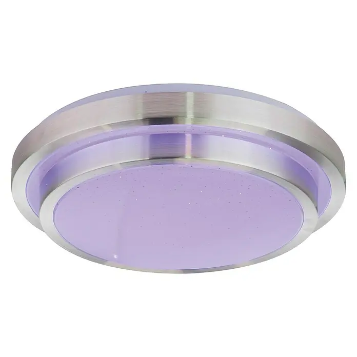 Lavida LED-Deckenleuchte rund Viano - 24 W, Ø x H: 410 mm x 10,5 cm, Weiß, Kaltweiß - Nahaufnahme einer runden, bündig montierten LED-Deckenleuchte mit violettem Licht und silberner Einfassung.