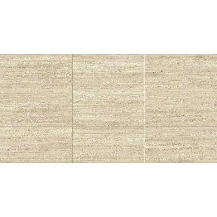 Atlas Concorde Solution Feinsteinzeugfliese Pompei Bianco Romano - 60 x 120 cm, Weiß, Matt - Quadratische Travertinfliesen, die in einem regelmäßigen Muster angeordnet sind und eine natürliche, warme Textur zeigen. Ideal für Innenräume.