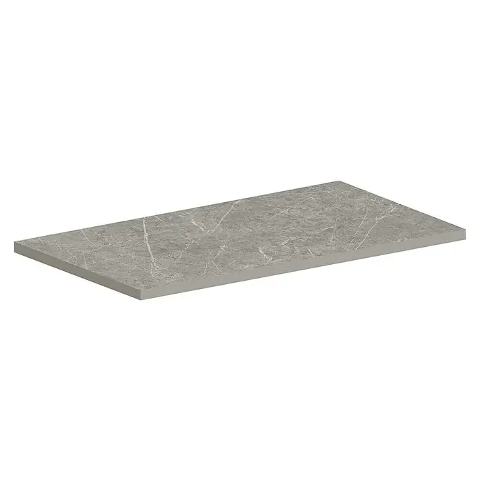 Atlas Concorde Solution Marble Vison Feinsteinzeugfliese Grigio Chiaro - 60 x 120 cm, Grau, Glänzend - Nahaufnahme einer rechteckigen, grauen Marmorplatte mit feinen weißen Maserungen, die eine elegante und zeitlose Ästhetik bietet.