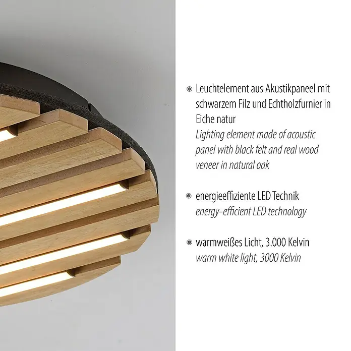 Just Light LED-Deckenleuchte Akustik - Schwarz, 12 W, IP20 - Detailaufnahme einer Deckenleuchte mit Akustikpaneel, schwarzem Filz und Echtholzfurnier in Eiche natur.