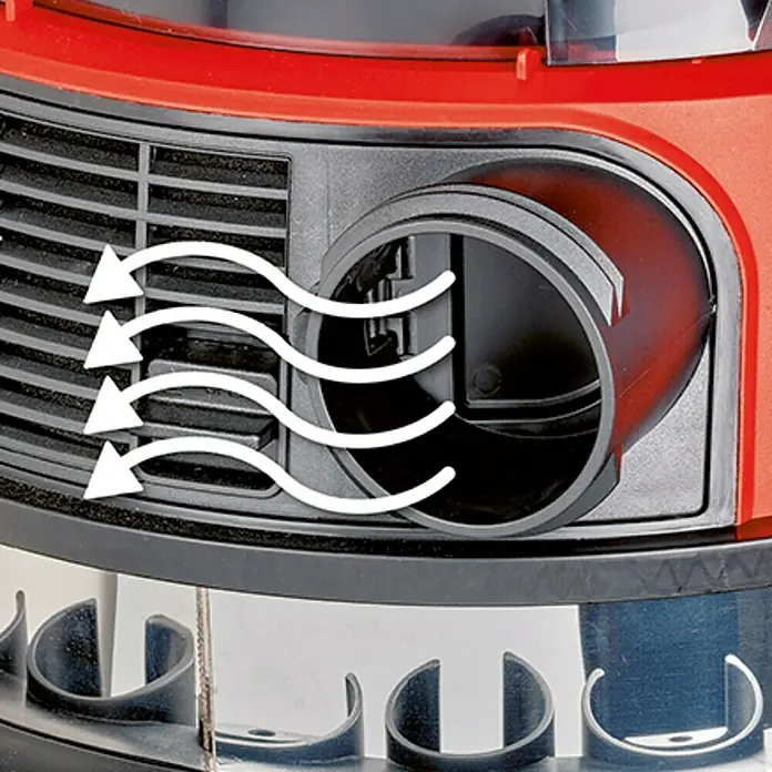 Einhell PXC 18V Aspirador en seco y húmedo de batería TE-VC 36/30 Li S-Solo - 18 V, Sin batería, Volumen de recipiente: 30 l - Detalle de una aspiradora con indicadores de flujo de aire, destacando su funcionalidad.