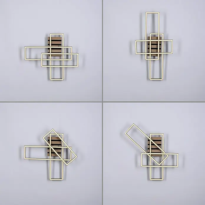 Just Light LED-Deckenleuchte Akustika - Schwarz, 20 W, IP20 - Wanddekoration mit geometrischen Goldrahmen und Holzelementen in verschiedenen Ausrichtungen für eine moderne Inneneinrichtung.