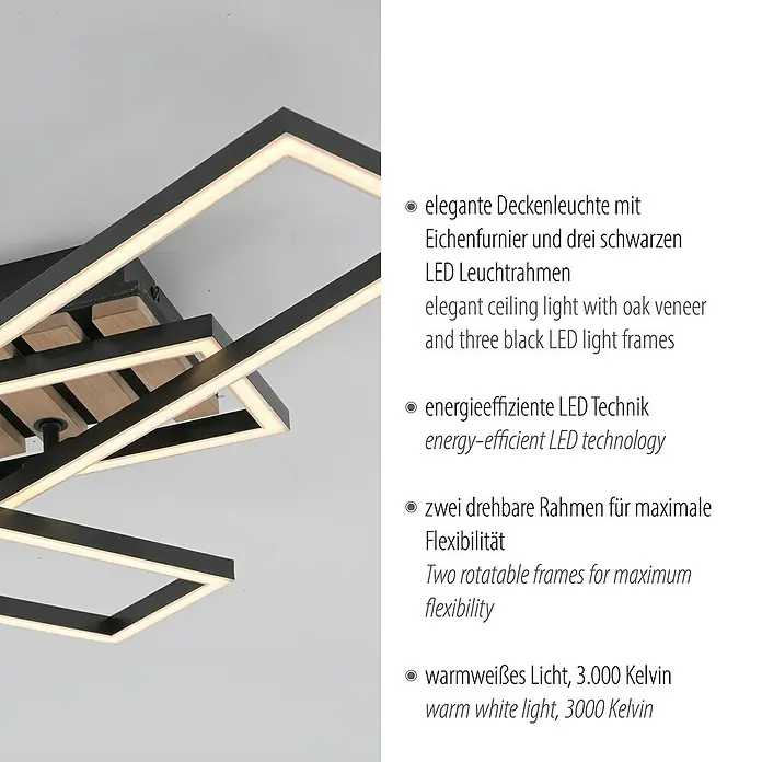 Just Light LED-Deckenleuchte Akustika - Schwarz, 20 W, IP20 - Elegante Deckenleuchte mit Eichenfurnier und drei schwarzen LED-Leuchtrahmen für energieeffiziente Beleuchtung mit warmweißem Licht.