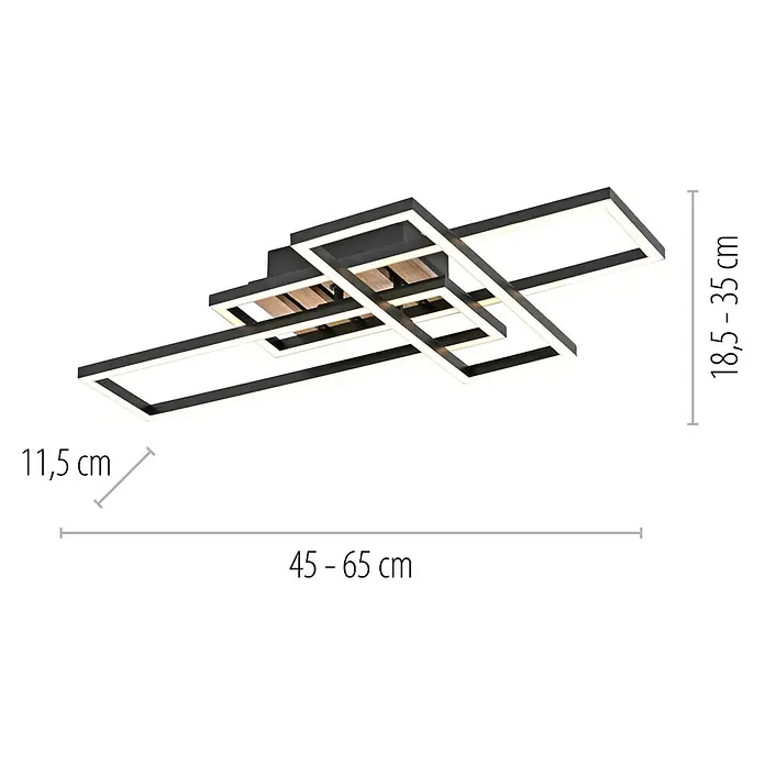 Just Light LED-Deckenleuchte Akustika - Schwarz, 20 W, IP20 - Deckenleuchte mit LED-Beleuchtung und rechteckigem Design. Die Lampe ist in Schwarz und Weiß gehalten und hat eine Größe von 45-65 cm.