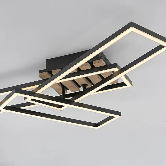 Just Light LED-Deckenleuchte Akustika - Schwarz, 20 W, IP20 - Moderne LED-Deckenleuchte mit geometrischen Rahmen und Holzelementen, die ein stilvolles Ambiente erzeugt.