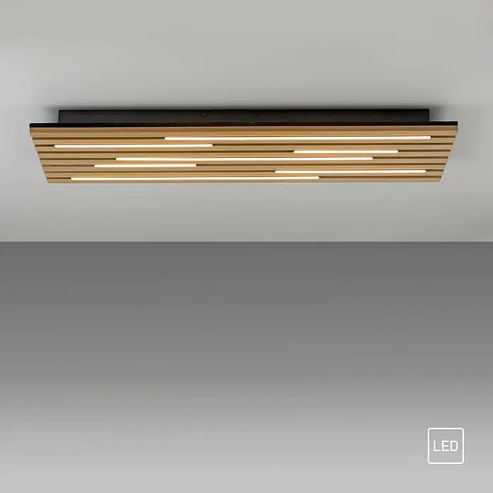 Just Light LED-Deckenleuchte Akustik - Schwarz, 25 W, IP20 - Eine moderne LED-Deckenleuchte mit Holzlamellen und schwarzem Rahmen, die ein warmes Licht abstrahlt.