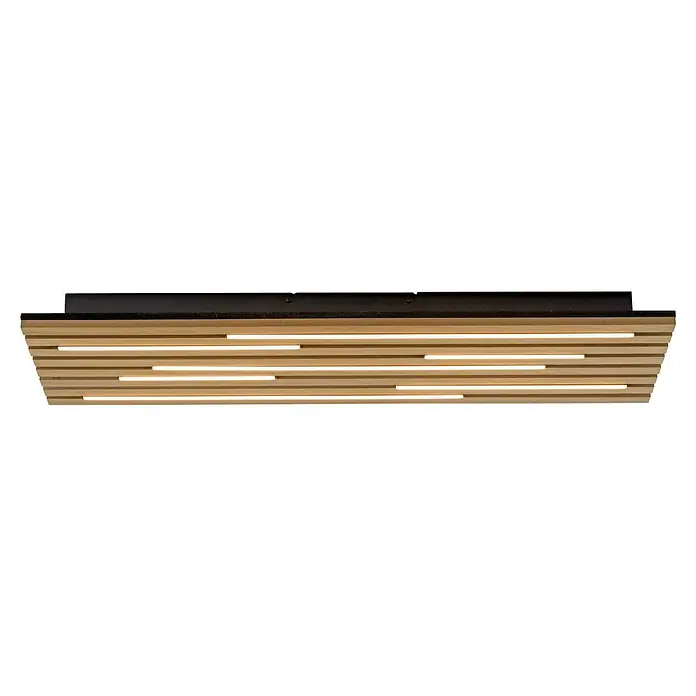 Just Light LED-Deckenleuchte Akustik - Schwarz, 25 W, IP20 - Holzpaneel mit integrierter Beleuchtung. Das Design besteht aus horizontalen Holzleisten mit eingelassenen Lichtelementen, die ein warmes Licht erzeugen.