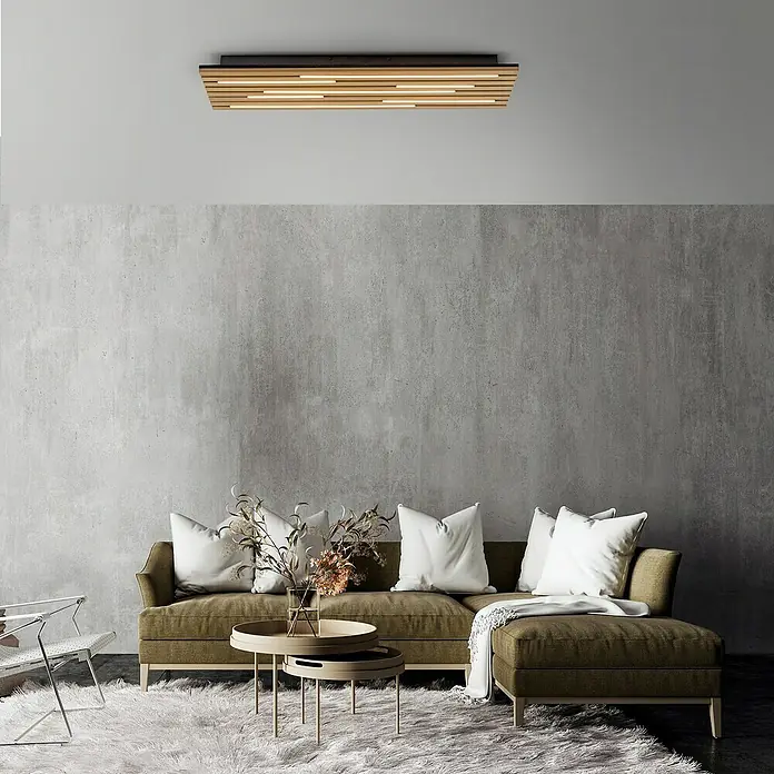 Just Light LED-Deckenleuchte Akustik - Schwarz, 25 W, IP20 - Moderne Wohnzimmeransicht mit einer auffälligen Deckenleuchte aus Holz, die warmes Licht spendet und den Raum stilvoll ergänzt.