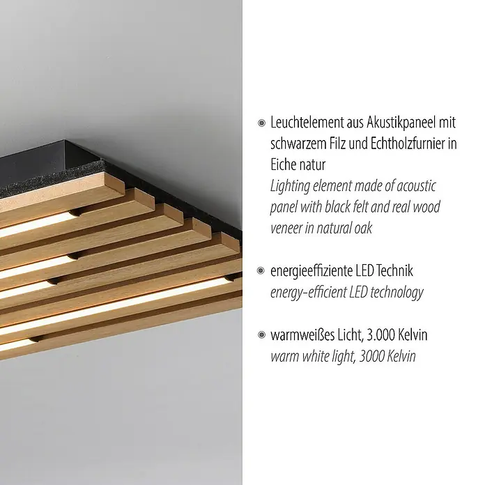 Just Light LED-Deckenleuchte Akustik - Schwarz, 25 W, IP20 - Nahaufnahme einer Akustikpaneel-Leuchte mit schwarzem Filz und Echtholzfurnier in Eiche Natur mit energieeffizienter LED-Technik.