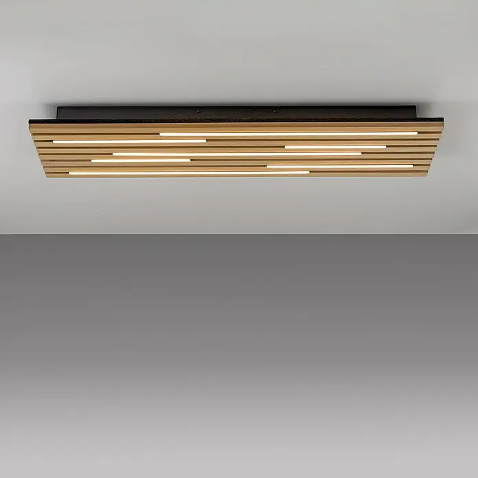 Just Light LED-Deckenleuchte Akustik - Schwarz, 25 W, IP20 - Holzdeckenleuchte mit modernem Design, die warmes Licht durch die Holzlamellen spendet und eine gemütliche Atmosphäre schafft.