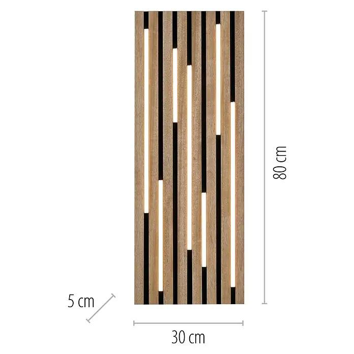 Just Light LED-Deckenleuchte Akustik - Schwarz, 25 W, IP20 - Produktansicht eines Paneels mit Holzlatten und integrierter Beleuchtung. Die Maße des Produkts sind deutlich gekennzeichnet.