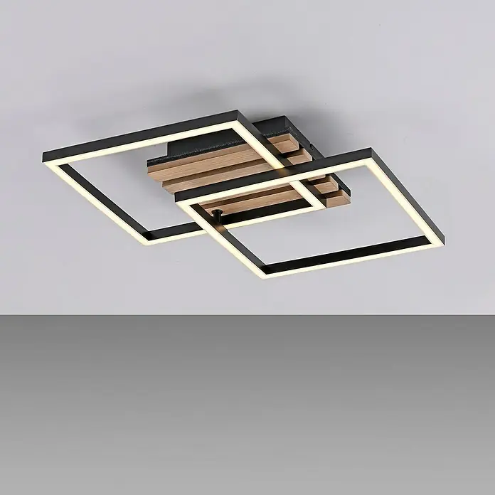 Just Light LED-Deckenleuchte Akustika - Schwarz, 15 W, IP20 - Moderne Deckenleuchte mit zwei schwarzen Quadraten und Holzelementen, die ein warmes Licht spendet.
