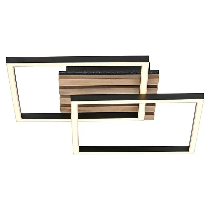 Just Light LED-Deckenleuchte Akustika - Schwarz, 15 W, IP20 - Nahaufnahme von einer dekorativen Deckenleuchte mit Rahmen und Holzelementen.