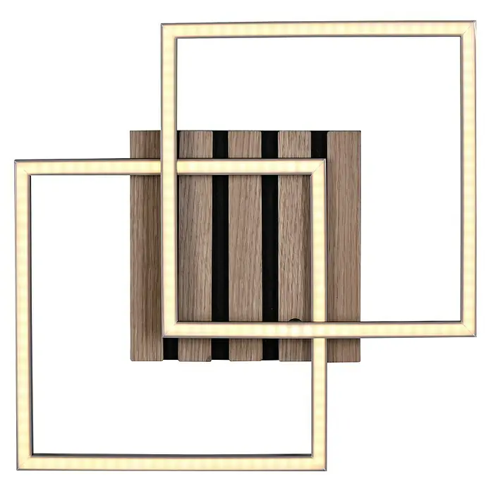 Just Light LED-Deckenleuchte Akustika - Schwarz, 15 W, IP20 - Diese Aufnahme zeigt eine stilvolle Wandleuchte mit einem Design aus Holz und LED-Rahmen, die modernes Flair und Wärme vereint.