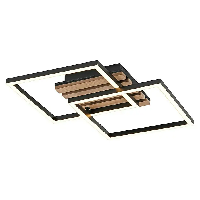 Just Light LED-Deckenleuchte Akustika - Schwarz, 15 W, IP20 - Ein quadratische Deckenleuchte mit LED-Beleuchtung und einem dekorativen Holzelement in der Mitte, die ein modernes und stilvolles Ambiente schafft.
