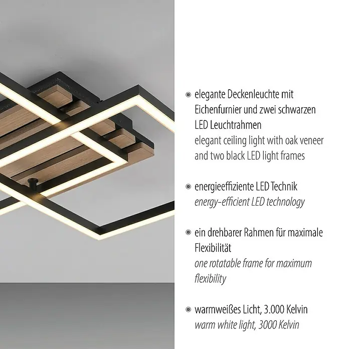 Just Light LED-Deckenleuchte Akustika - Schwarz, 15 W, IP20 - Elegante Deckenleuchte mit Eichenfurnier und schwarzen LED-Rahmen. Energieeffiziente LED-Technologie für angenehmes, warmweißes Licht.