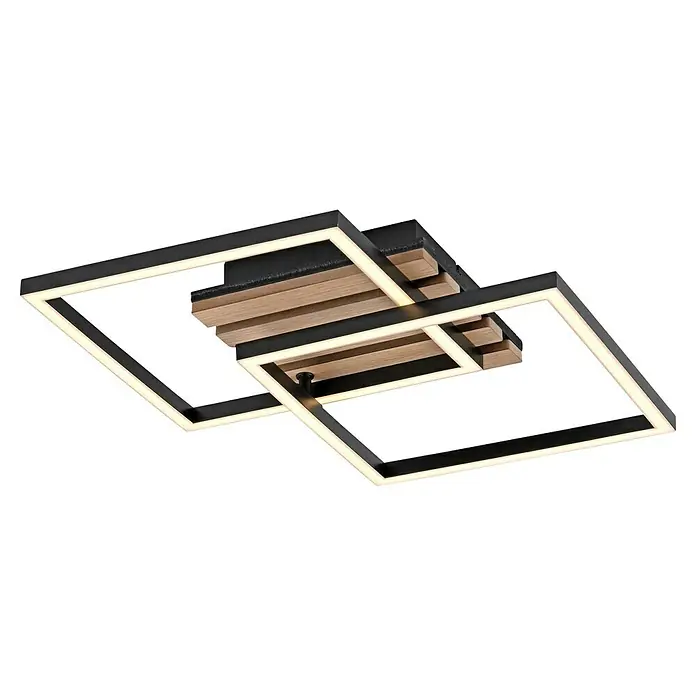 Just Light LED-Deckenleuchte Akustika - Schwarz, 15 W, IP20 - Eine moderne Deckenleuchte mit quadratischen, schwarzen Rahmen und warmweißen LED-Streifen, verbunden durch Holzdetails.