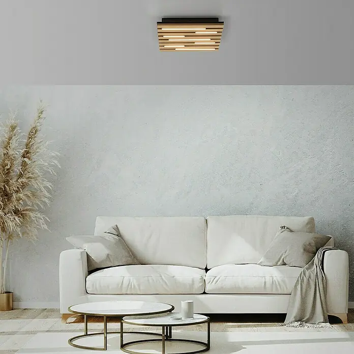 Just Light LED-Deckenleuchte Akustik - Schwarz, 10 W, IP20 - Eine moderne Deckenleuchte mit Holzdetails und LED-Beleuchtung, die ein warmes und einladendes Ambiente schafft.\n