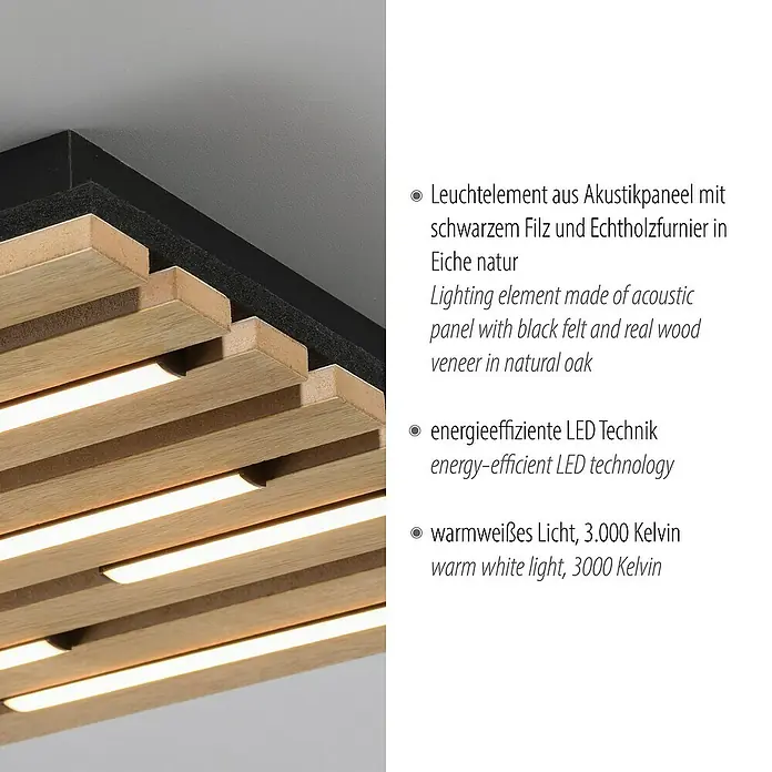 Just Light LED-Deckenleuchte Akustik - Schwarz, 10 W, IP20 - Deckenleuchte mit Akustikpaneel, schwarzem Filz und Echtholzfurnier in Eiche Natur für angenehmes, warmweißes Licht.