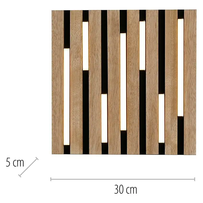 Just Light LED-Deckenleuchte Akustik - Schwarz, 10 W, IP20 - Wandpaneel mit Holzlamellen und integrierter Beleuchtung für eine moderne Raumgestaltung. Die Maße betragen 30 x 5 cm.