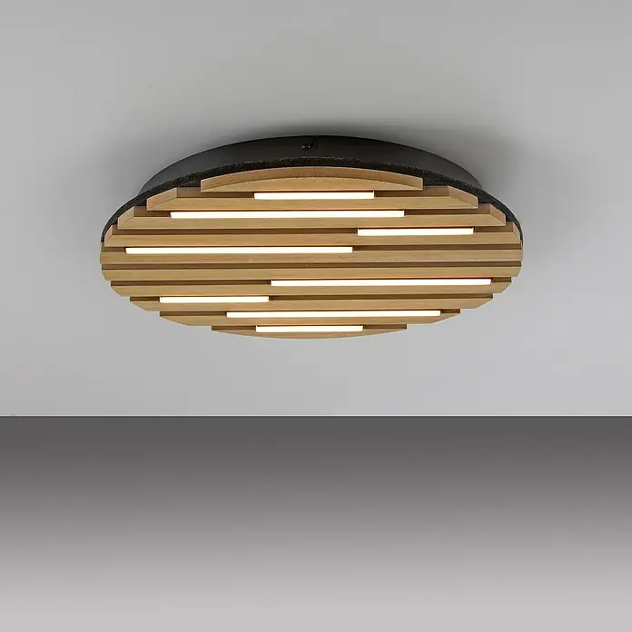 Just Light LED-Deckenleuchte Akustik - Schwarz, 12 W, IP20 - Runde Deckenleuchte mit Holzlatten und integrierten LED-Streifen für eine moderne Beleuchtung im Raum.