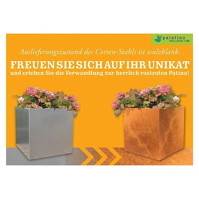Palatino Exclusive Line Pflanzkasten Nora - 60 x 60 x 60 cm, Cortenstahl, Rotbraun - Das Bild zeigt Cortenstahl-Blumenkästen der Marke Palatino, die den Übergang von walzblank zu herrlich rostroter Patina demonstrieren.