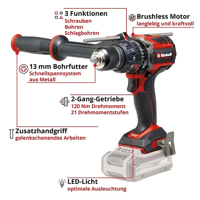 Einhell Professional Power X-Change 18V Akku-Schlagbohrschrauber TP-CD 18/120 Solo - 18 V, Ohne Akku, 120 Nm - Bild einer Einhell Professional Akku-Bohrmaschine mit Zubehör und Beschriftungen der Funktionen.