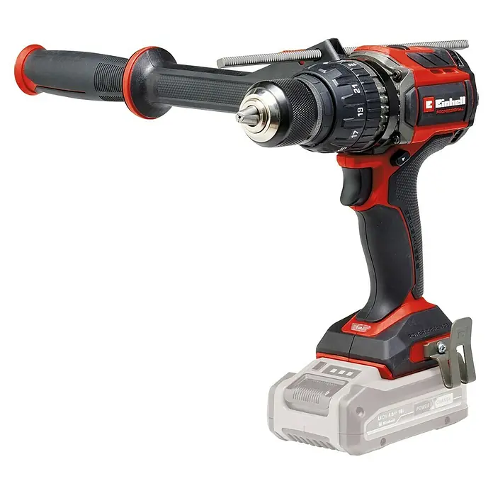 Einhell Professional PXC 18V Taladro atornillador percutor de batería TP-CD 18/120 Li-i BL - Solo - 18 V, Sin batería, 120 Nm - Un taladro atornillador inalámbrico Einhell rojo y negro de la serie Professional con mango auxiliar y batería.