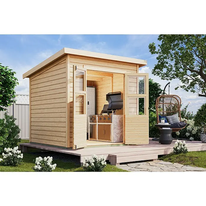 Karibu Gartenhaus Timmo - Außenmaß inkl. Dachüberstand (B x T): 240 x 236 cm, Holz, Natur, Ohne Anbau - Ein modernes Gartenhaus mit geöffneten Türen, das einen Grill und eine Kühlbox beherbergt, umgeben von Grün und einer Hängematte für Entspannung.