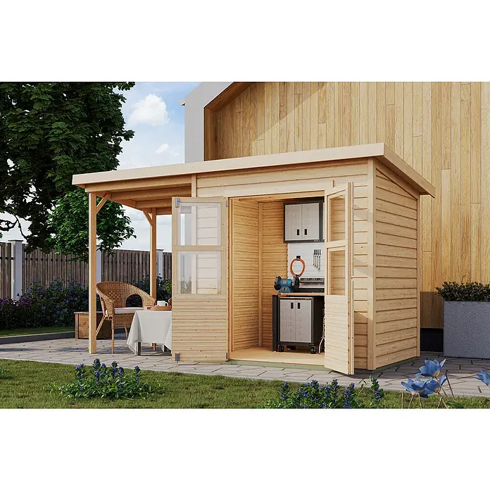 Karibu Gartenhaus Timmo - Außenmaß inkl. Dachüberstand (B x T): 390 x 175 cm, Holz, Natur, Mit Anbau - Ein helles Holzgartenhaus mit offenstehenden Türen, Werkbank und Anbau für eine Sitzecke im Freien.