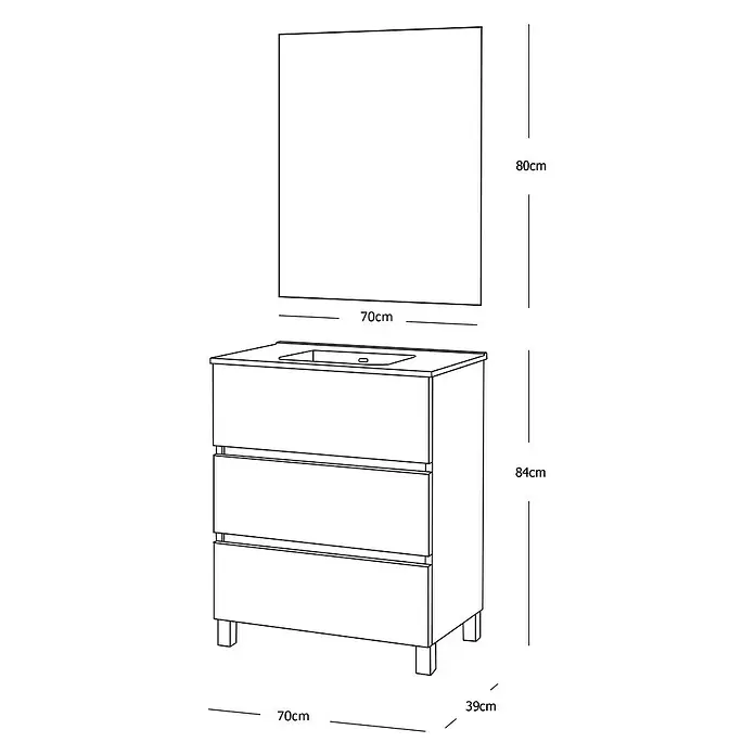 Artysan Conjunto de mueble de baño Berta - Nature, Mate, 3 pzs. - Dibujo de un lavabo con tres cajones y un espejo encima, con dimensiones en cm.