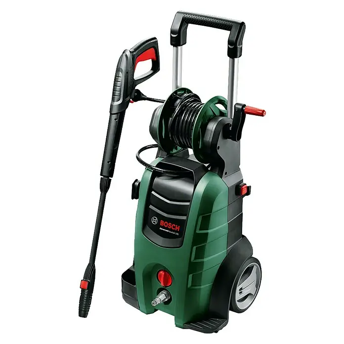 Bosch Hochdruckreiniger AdvancedAquatak 140 - 2.100 W, Betriebsdruck: 140 bar - Das Bild zeigt einen Bosch Hochdruckreiniger mit Schlauchtrommel und Lanze, ideal für Reinigungsarbeiten rund ums Haus und im Garten.