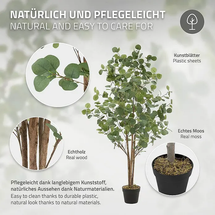 ML-Design Kunstpflanze Kunstbaum Eukalyptus für Innen & Außen mit Echtem Moos & Echtholzstamm - Höhe: 150 cm, Blütenfarbe: Grün, Holz - Detailaufnahme eines künstlichen Eukalyptusbaums mit Echtholzstamm, Kunstblätter und echtem Moos im Topf.